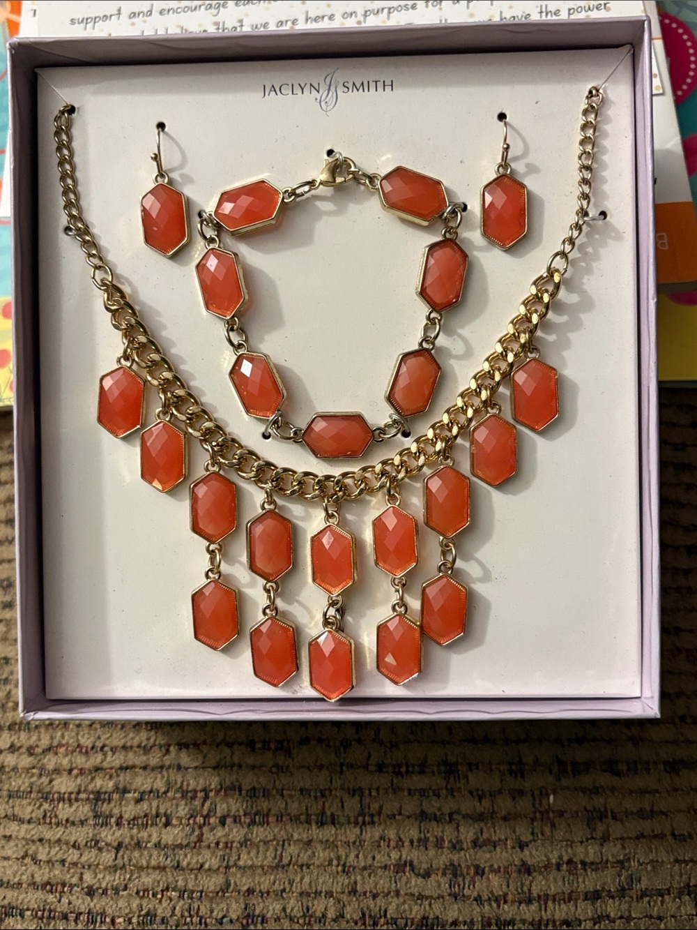 Jaclyn Smith Orange Coral Statement Necklace Earrings Jewelry Set NIB